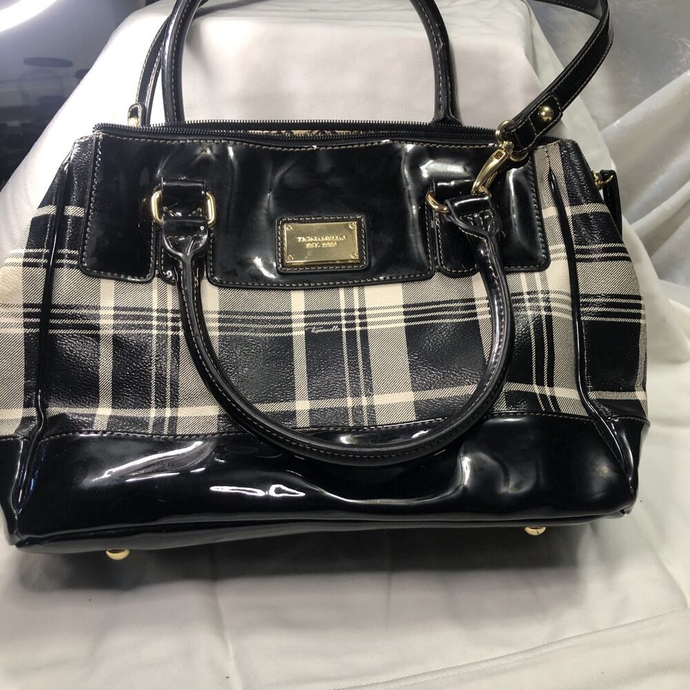 Tignanello Black Plaid Patent Leather Satchel Handbag Shoulder Social Status